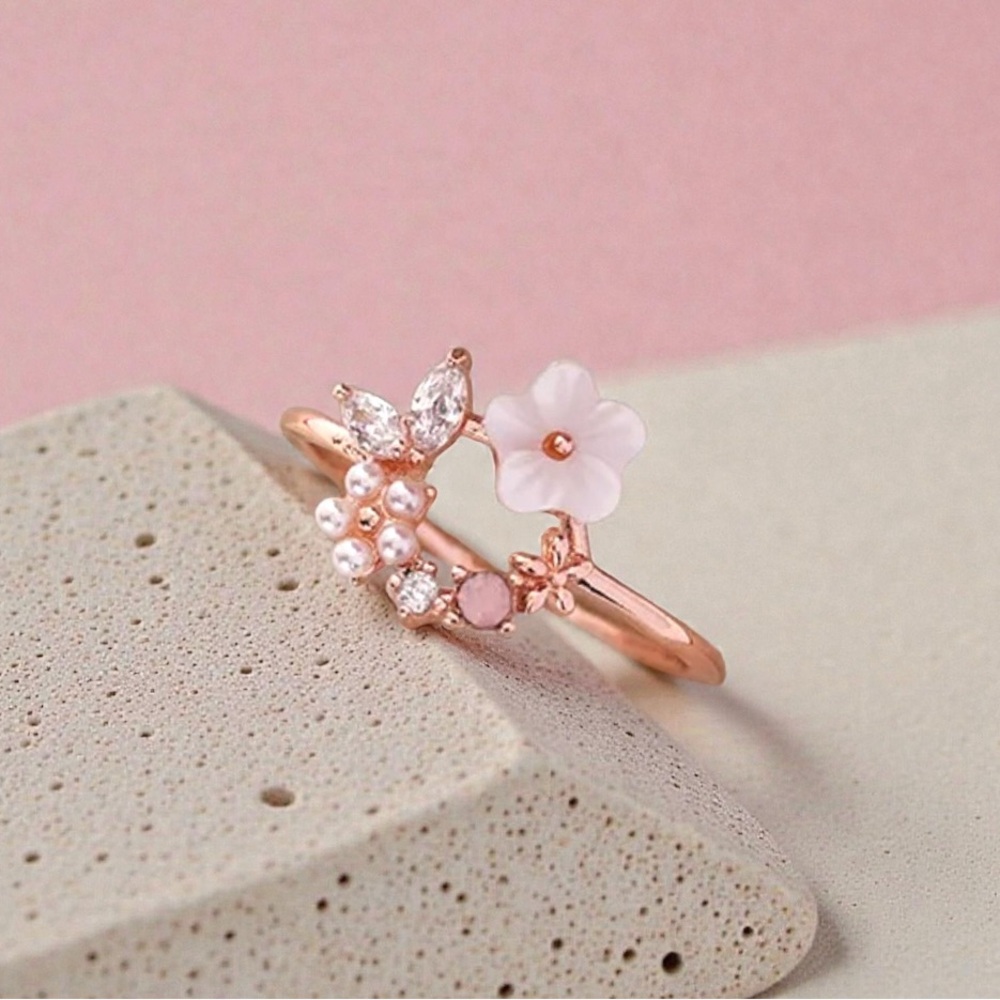 Floral Mother of Pearl and CZ Rose Gold Adjustable Band Ring